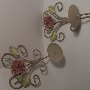 Pair Vtg. Floral Metal & twisted wire peg candle holders. MCM cottage, rustic VG